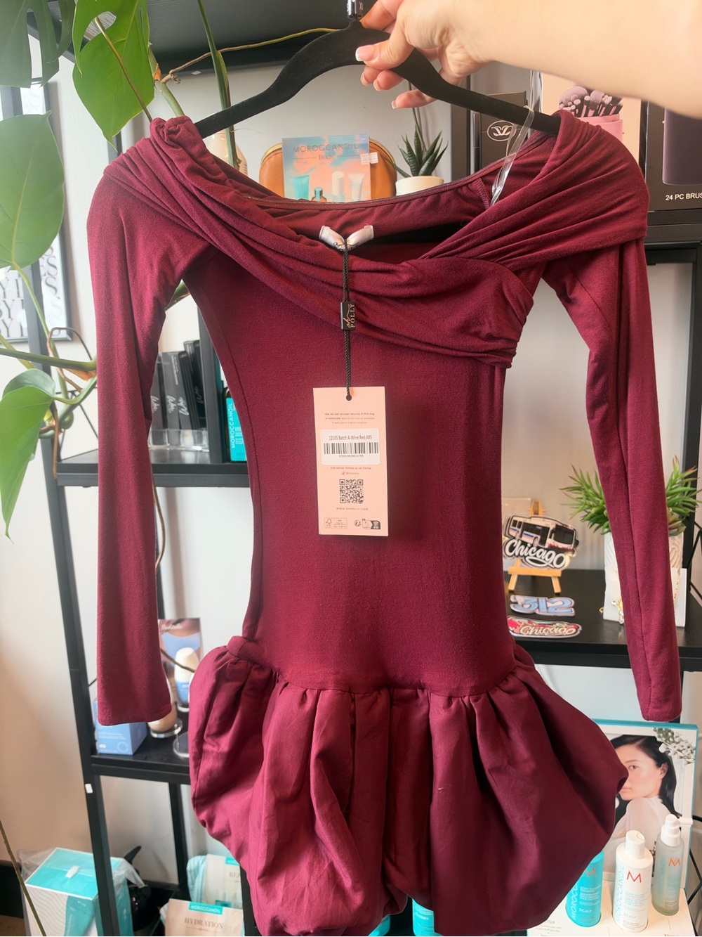 Oh Polly Burgundy Off-Shoulder Long Sleeve Bubble Hem Dress oh Polly serra